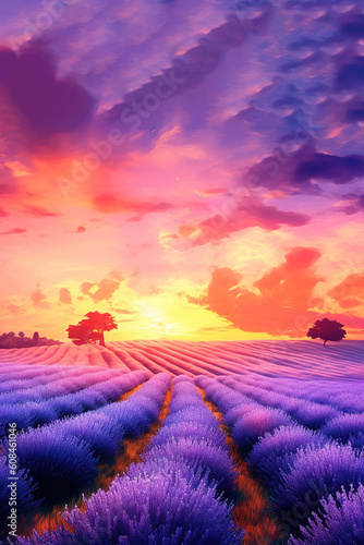 Lavender field at magic sunset view. Generative AI vertical illustration