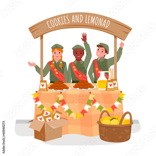 Young people sell traditional cookies and fresh lemonade at charity market vector illustration. Cartoon happy boys and girl standing at small marketplace stall