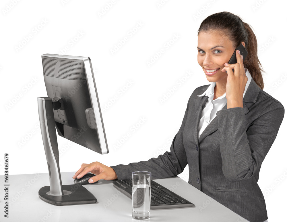 Portrait of a Businesswoman Talking on the Phone while Using Computer Portrait of a Businesswoman Talking on the Phone while Using Computer