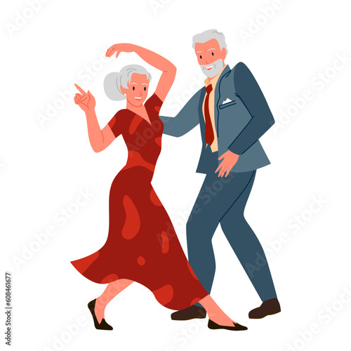 Old couple dancing to music together vector illustration. Cartoon isolated man in formal suit and woman in red dress dance, funny elderly retired dancers perform retro glamour swing or jazz motion