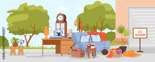 Garage sale vector illustration. Cartoon flea market scene with old household furniture and retro fashion things, vintage stuff in box for buyers on yard of house, pack of goods to sell and buy
