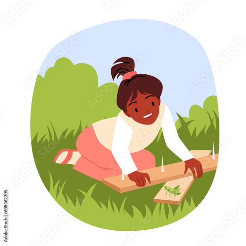 Danger of cuts for child vector illustration. Cartoon baby girl playing with bug on wooden board with sharp nails, carefree toddler holding plank to play in park or in backyard of family house