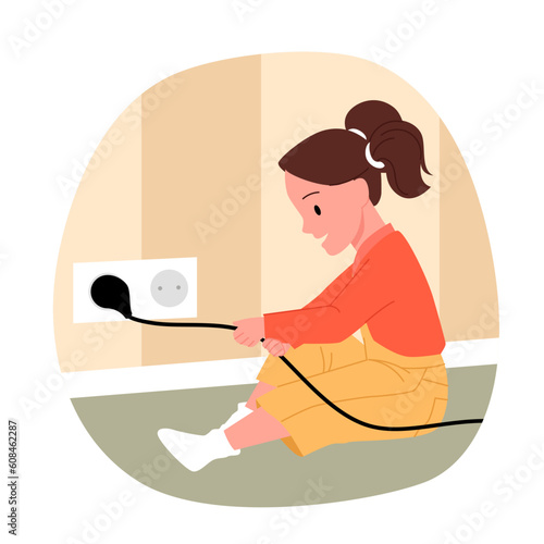 Accident with naughty child and dangerous electric socket vector illustration. Cartoon baby kid holding electrical appliance wire to play with hazard electricity, small girl sitting on home carpet