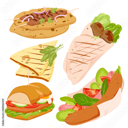 Cartoon isolated meatballs with vegetables and meat filling wrapped in tortilla or pita, hot dog with sausage and triangle club sandwich with bacon, kebab on skewer. Fast food set vector illustration