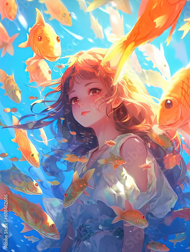 Anime character girl and fish in under the sun shining water