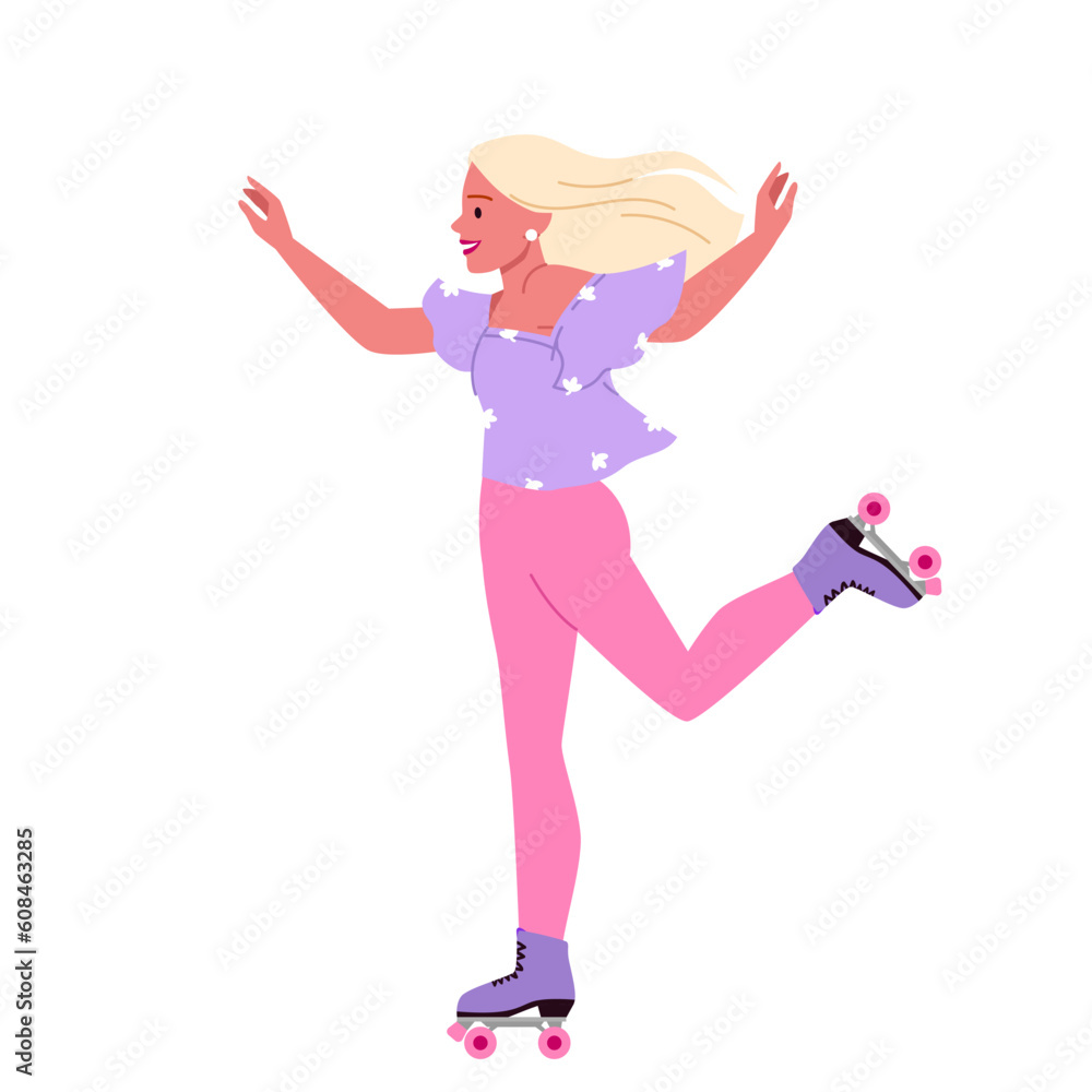 Girl riding on fast roller skates vector illustration. Cartoon isolated sporty young beautiful woman wearing boots with wheels to move with fun and speed, enjoy active motion and rollerskating
