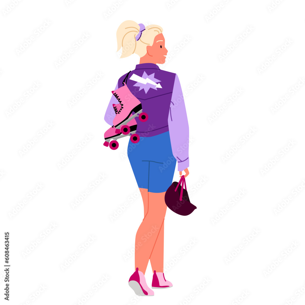Girl with roller skates vector illustration. Cartoon isolated young woman in fashion clothes walking, carrying pair of boots with wheels, helmet for skating after summer sports activity, rollerskating Girl with roller skates vector illustration. Cartoon isolated young woman in fashion clothes walking, carrying pair of boots with wheels, helmet for skating after summer sports activity, rollerskating
