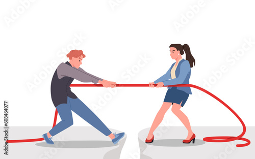 Tug of war between male and female office workers vector illustration. Cartoon young man and woman pull rope with efforts, gender struggle of couple employees for equality at office workplace