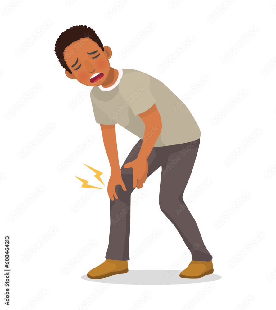 Young African man suffering from knee pain holding his injured leg Young African man suffering from knee pain holding his injured leg