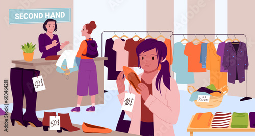 People shopping in flea market or second hand shop, eco sustainable fashion concept vector illustration. Cartoon woman customer buying clothes and shoes from counters of used goods store background
