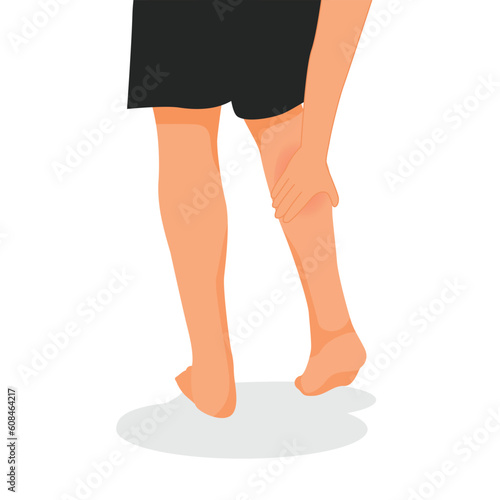 Man hands holding his painful calf suffering leg injury after exercising