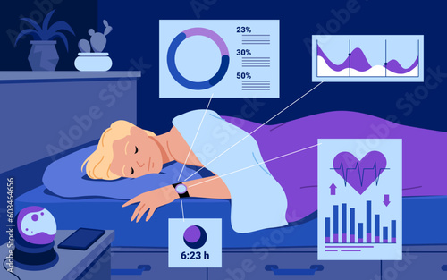 Tracking biorhythms with mobile app health tracker vector illustration. Cartoon man sleeping in bed, smart watch on persons hand monitoring quality and depth of sleep, heartbeats with graph and chart