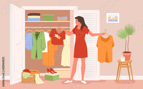 Cartoon woman holding hanger with dress and shirt, standing near wardrobe to sort clothes, choose stylish outfit, find obsolete old apparel. Girl keeping order in home closet