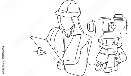 Close up of Caucasian worker with helmet on head using tablet for work while standing in warehouse. Surveyor with a tripod icon. Geodesic tripod. Vector illustration