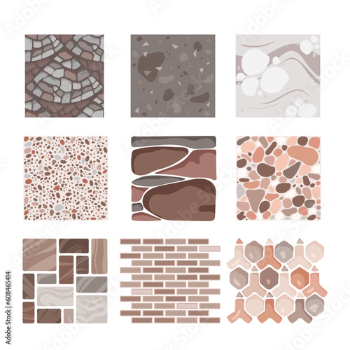 Cartoon isolated paved sidewalk collection with stones and rocks of different shapes, tiles for floor of natural paving material, geometric pattern. Pavement textures set, top view vector illustration