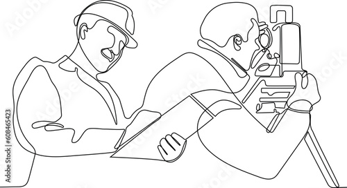 Close up of Caucasian worker with helmet on head using tablet for work while standing in warehouse. Surveyor with a tripod icon. Geodesic tripod. Vector illustration