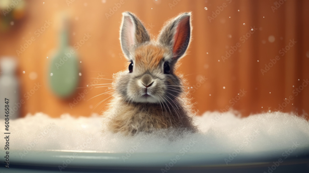 Baby rabbit taking a bath full of soap foam created with generative AI