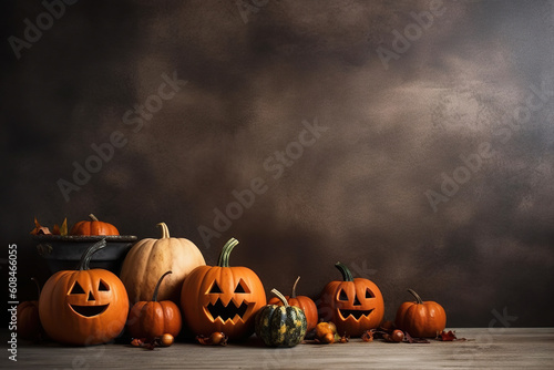 halloween background copy space - with pumpkins generative ai