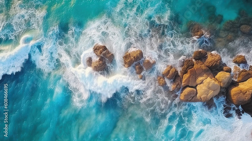 Beach as a background from top view. Summer seascape from air. Waves and azure water as a background