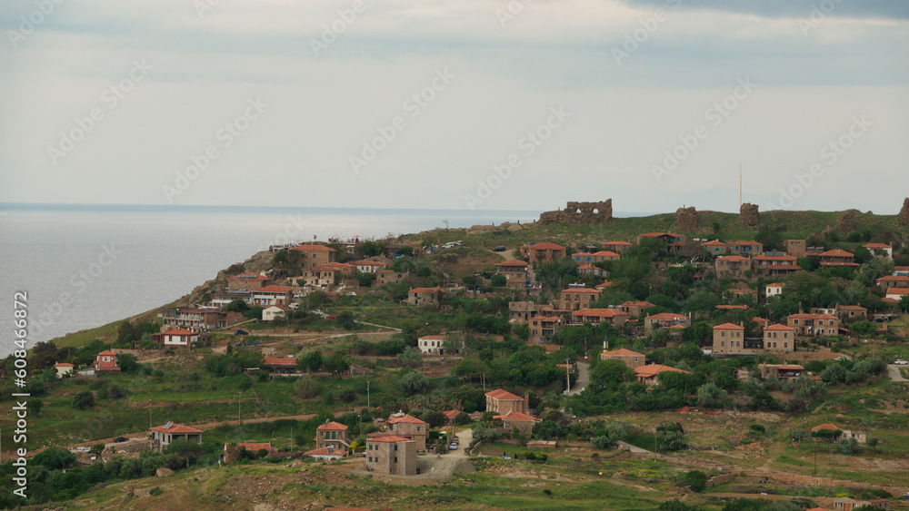 Kaleköy village, formerly known as Kastro, old stone houses and Samothrace view from Gokceada, Canakkale Turkey