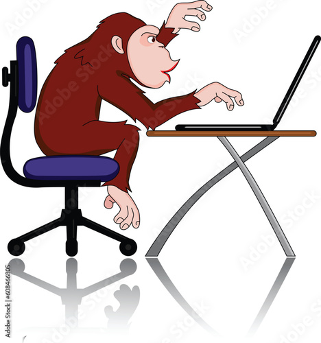 Vector illustration of chimpanzee with computer