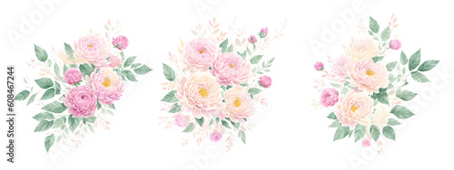 Delicate floral watercolor pattern, floral pattern for textile and background, watercolor peony flowers and green leaves, soft colors, boho style on a beige background, floristic vintage.Generative AI © 360VP