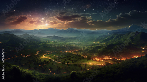 Beautiful valley with milky way and moon