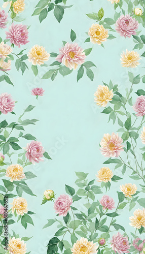 Delicate floral watercolor pattern  floral pattern for textile and background  watercolor peony flowers and green leaves  soft colors  boho style on a beige background  floristic vintage.Generative AI
