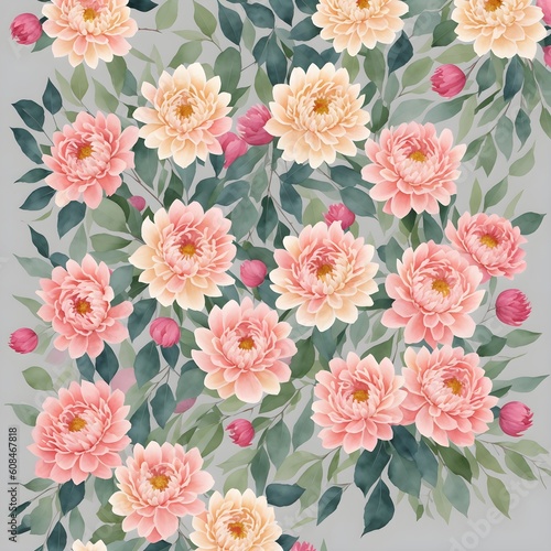 Delicate floral watercolor pattern, floral pattern for textile and background, watercolor peony flowers and green leaves, soft colors, boho style on a beige background, floristic vintage.Generative AI © 360VP