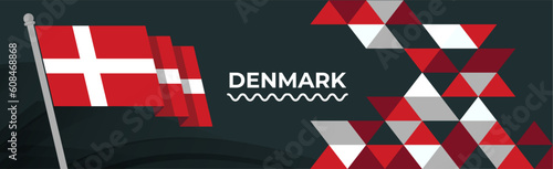 Denmark national day banner design. Danish flag theme graphic triangle art web background. Abstract celebration pattern, red white color. Denmark flag geometric triangles vector Scandinavia.