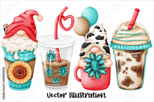 Gnome Western Coffee mug Turquoise gemstone Sunflower and Cow skin Element Watercolor Vector File ,Clipart cartoon vintage-Retro style For banner, poster, card, t shirt, sticker