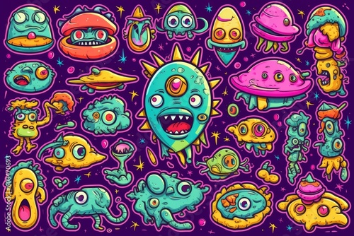 Trippy Alien Art, stickers illustration. Generative AI