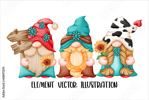 Gnome Western Turquoise gemstone Sunflower and Horseshoe Sign wood Element Watercolor Vector File ,Clipart cartoon vintage-Retro style For banner, poster, card, t shirt, sticker