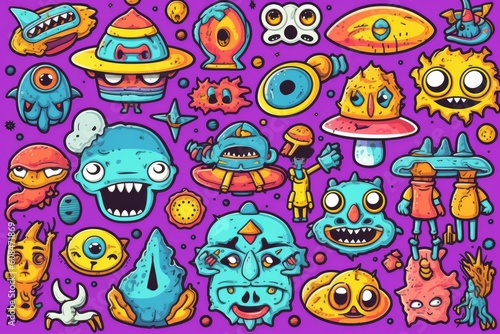 Trippy Alien Art, stickers illustration. Generative AI