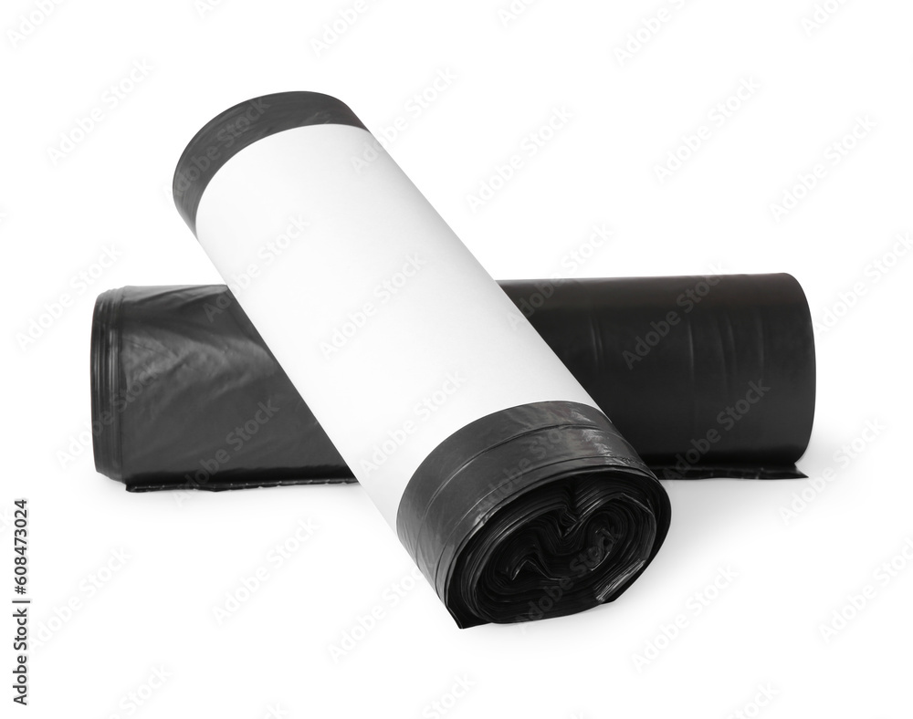 Rolls of black garbage bags isolated on white Rolls of black garbage bags isolated on white