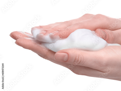Woman with bath foam on white background, closeup