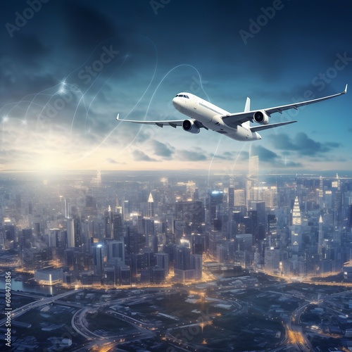 Technology digital future of commercial air transport concept, Airplane taking off from airport runway on city skyline and world map background with copy space,