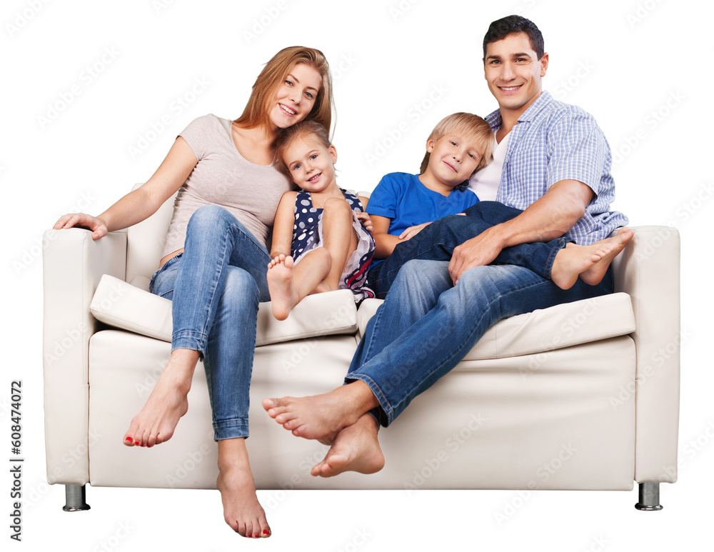 Happy family sitting on the sofa smiling at camera Happy family sitting on the sofa smiling at camera