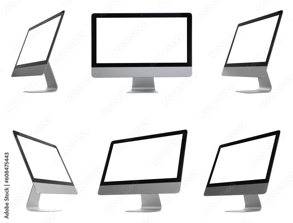 Collage design with computer monitor on white background, different sides Collage design with computer monitor on white background, different sides