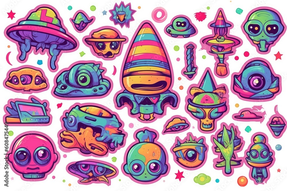 Trippy Alien Art, stickers illustration. Generative AI Trippy Alien Art, stickers illustration. Generative AI