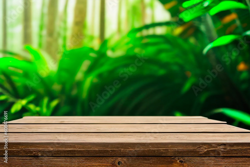 Empty wooden tabletop for product display. Blured tropical leaves on the background. Generative AI.