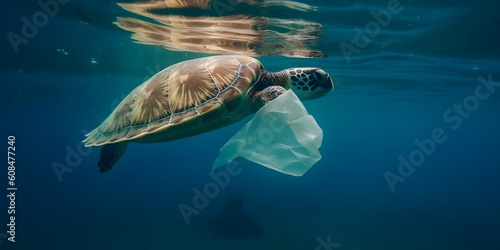 Sea turtle swimming in the sea with plastic bag garbage