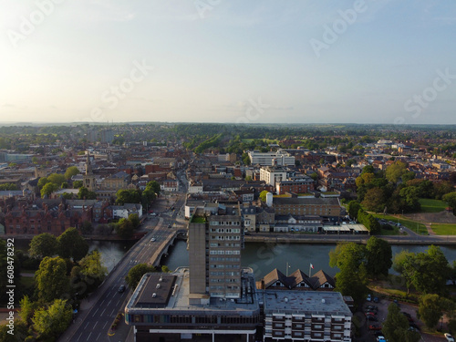 Gorgeous Aerial View of Central Bedford City of England Great Britain of UK. The Downtown's photo Was Captured with Drone's Camera from Medium Altitude from River Great Ouse on 28-May-2023.  photo