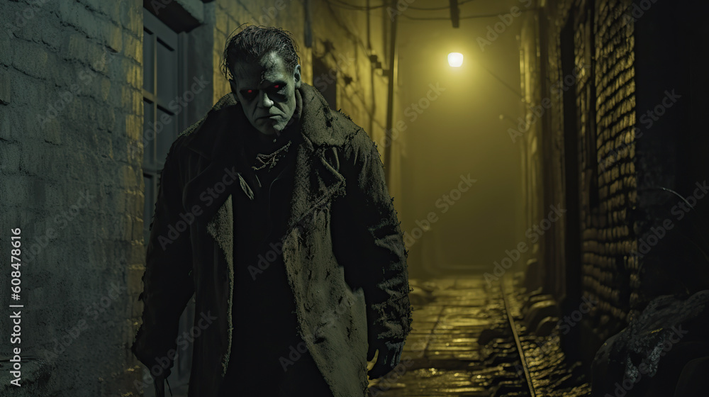 Fototapeta premium frankenstein monster walking down a narrow street at night. vintage. classic monster. horror story. AI generated image..