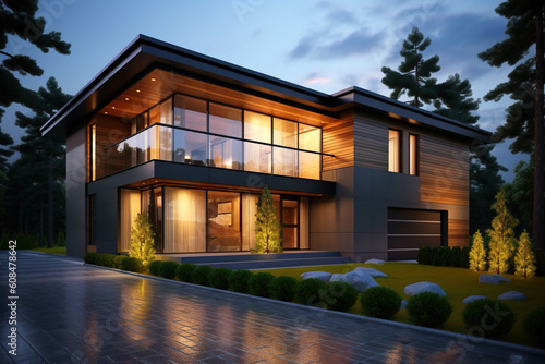 Residential house in summer evening, modern villa with light inside, generative AI.