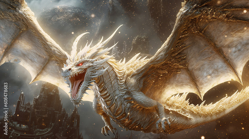 White gold dragon flying through eternity