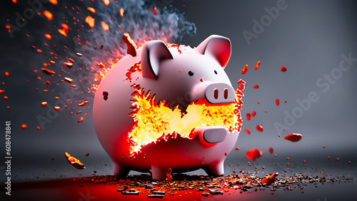 blurred colorful dramatic explosion on dark background with fire smoke and hot lava splashes of piggy bank as savings market crash metaphor