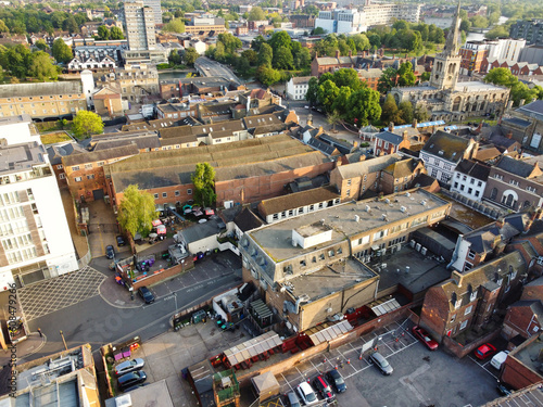 Gorgeous Aerial View of Central Bedford City of England Great Britain of UK. The Downtown's photo Was Captured with Drone's Camera from Medium Altitude from River Great Ouse on 28-May-2023.  photo