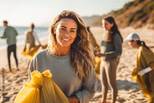 Young woman picking up trash with group of volunteers and activists on the beach. Generative AI
