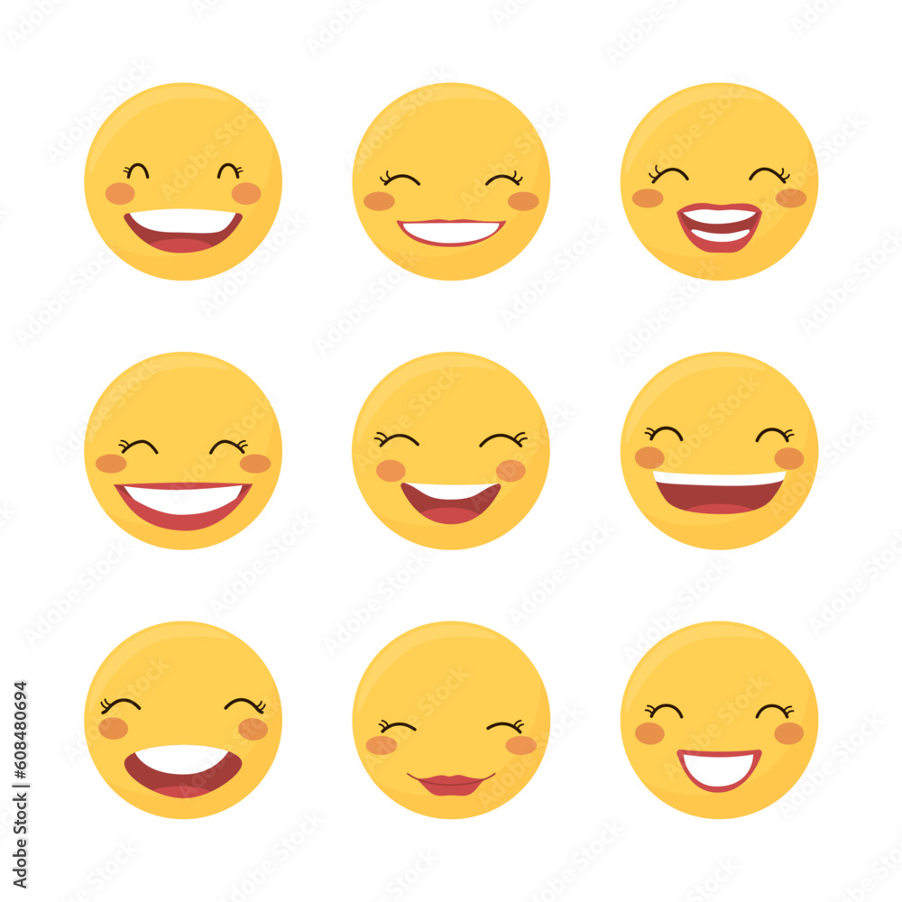 Female emojis with cute yellow faces laughing, funny, happy. Happy and smiling women friends